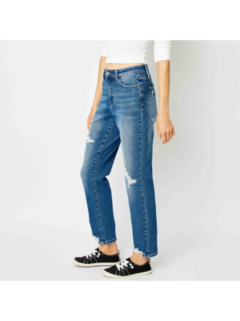 Judy Blue Medium Blue Distressed Boyfriend Jeans - Picture 2 of 5
